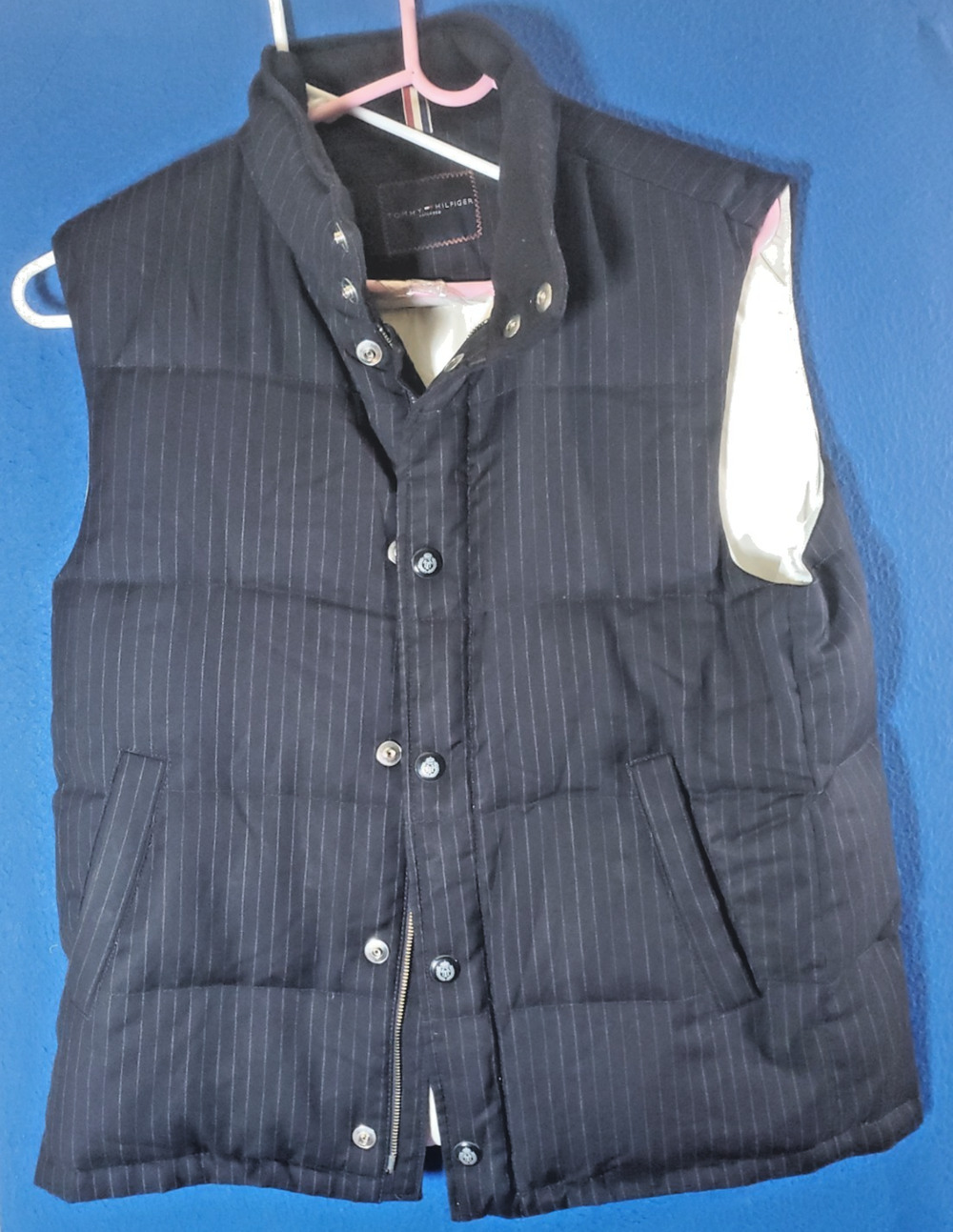 Tommy Hilfiger Men XL Pinstripe Puffer Vest Wool Blend Full Zip Snap Insulated